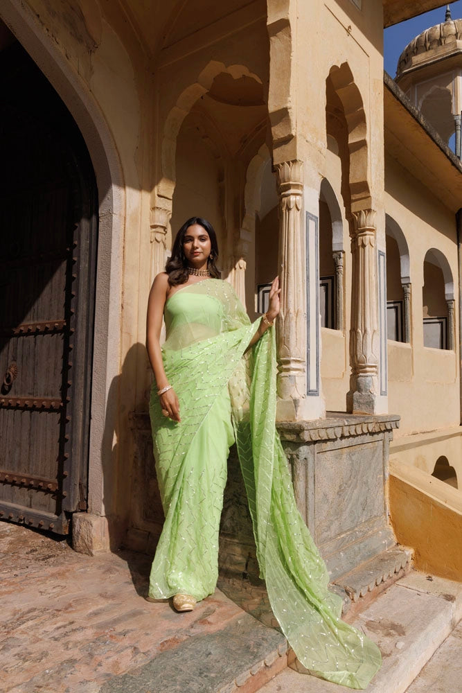 Green Chiffon Gota Patti Saree – Handcrafted in Jaipur