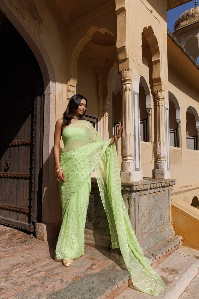 Green Chiffon Gota Patti Saree – Handcrafted in Jaipur