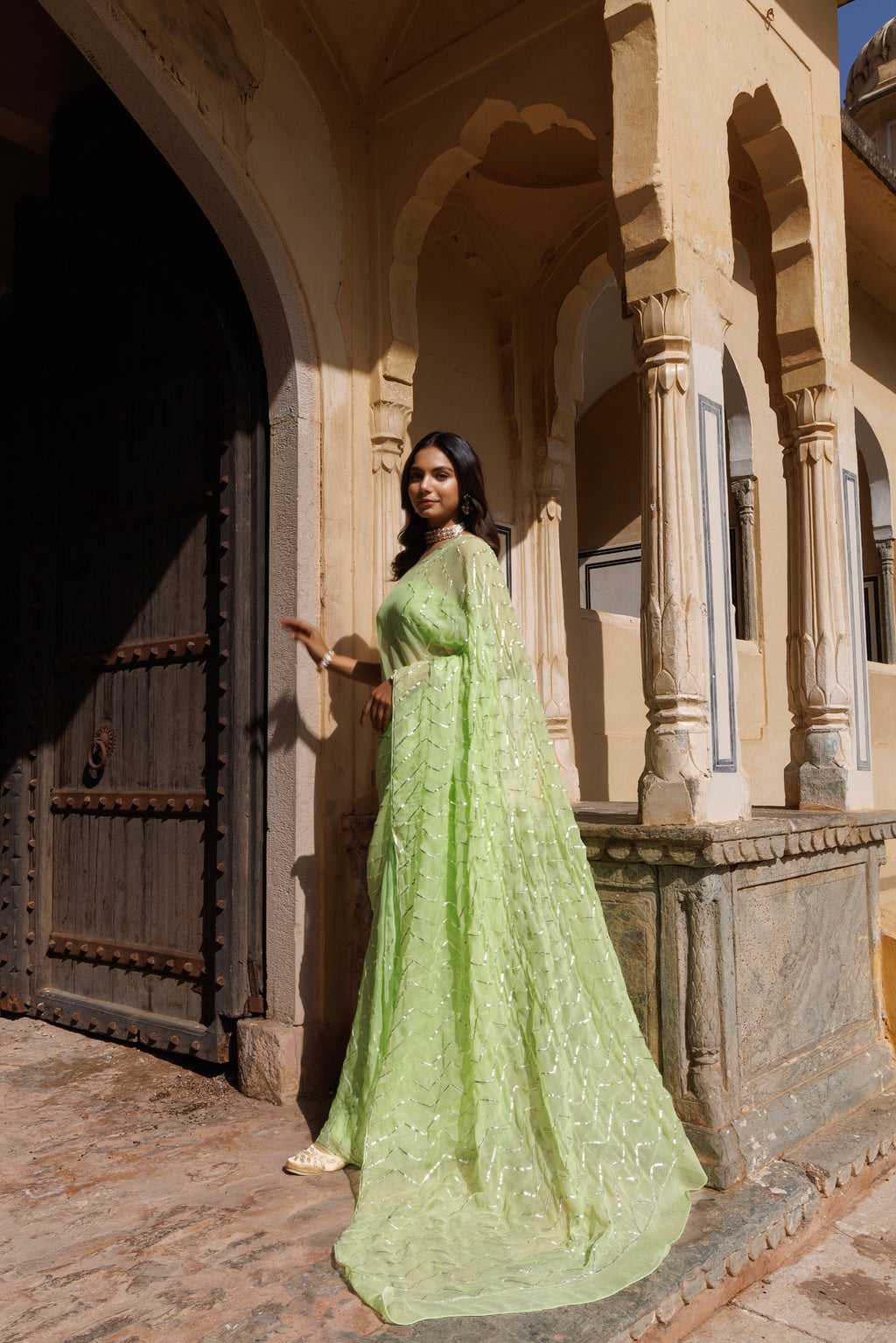 Green Handcrafted Gota Jaal Work Chiffon  Saree