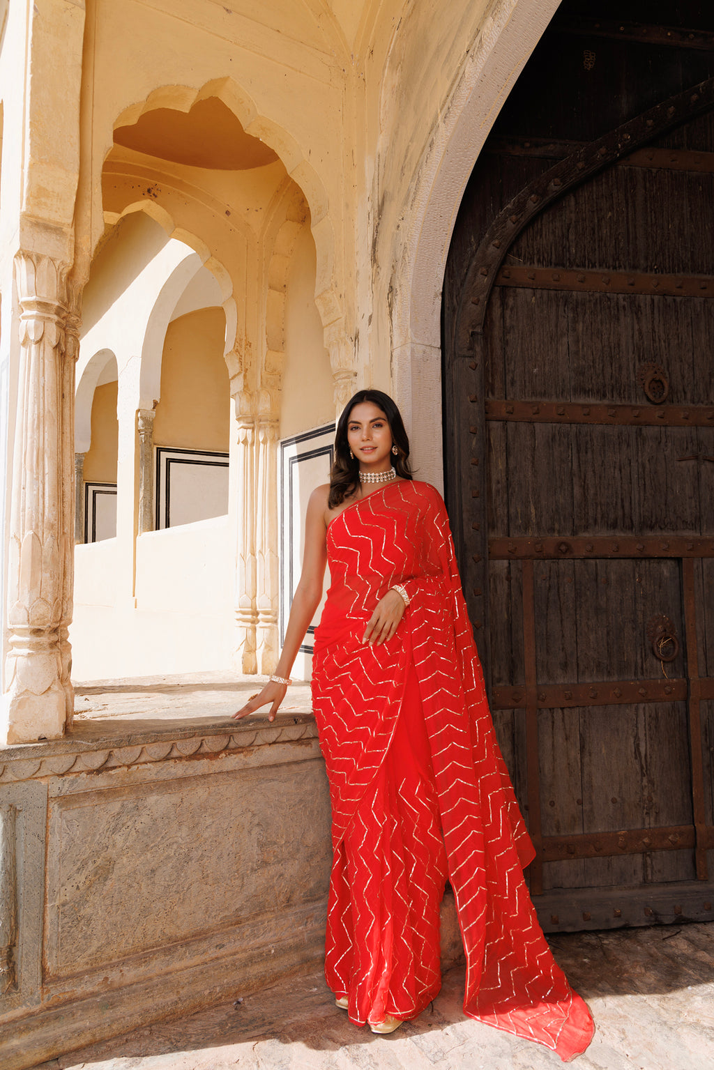 Red Handcrafted Gota Jaal Work Chiffon Saree