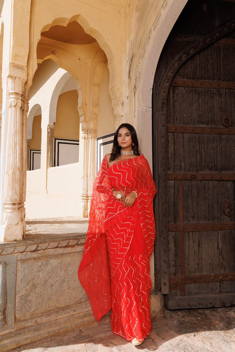 Red Handcrafted Gota Jaal Work Chiffon Saree