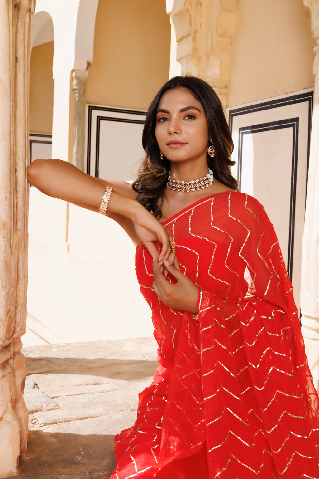 Red Handcrafted Gota Jaal Work Chiffon Saree