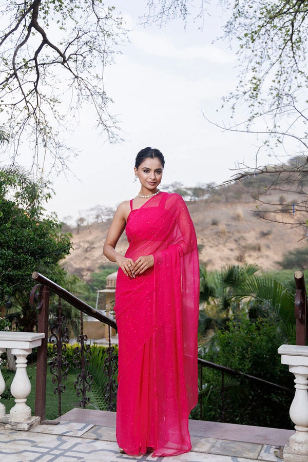 Pink Hand Embroidered Mukaish Chiffon Saree