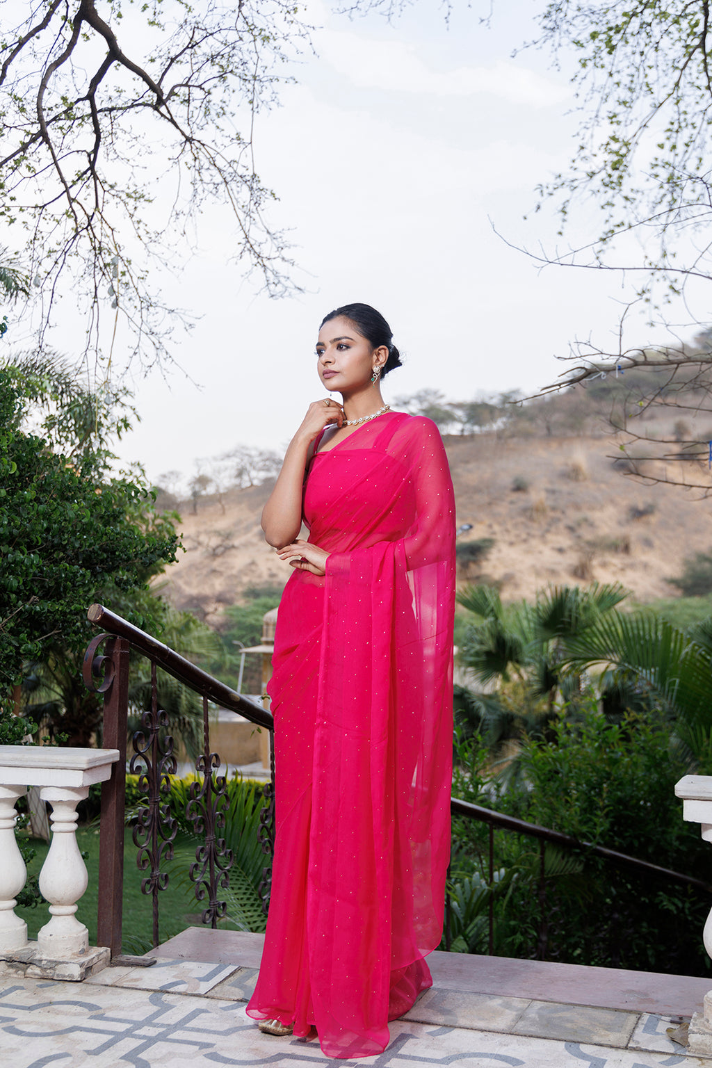 Pink Hand Embroidered Mukaish Chiffon Saree
