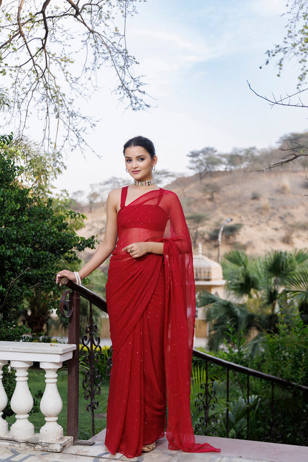 Cherry Red Hand Embroidered Mukaish Chiffon Saree