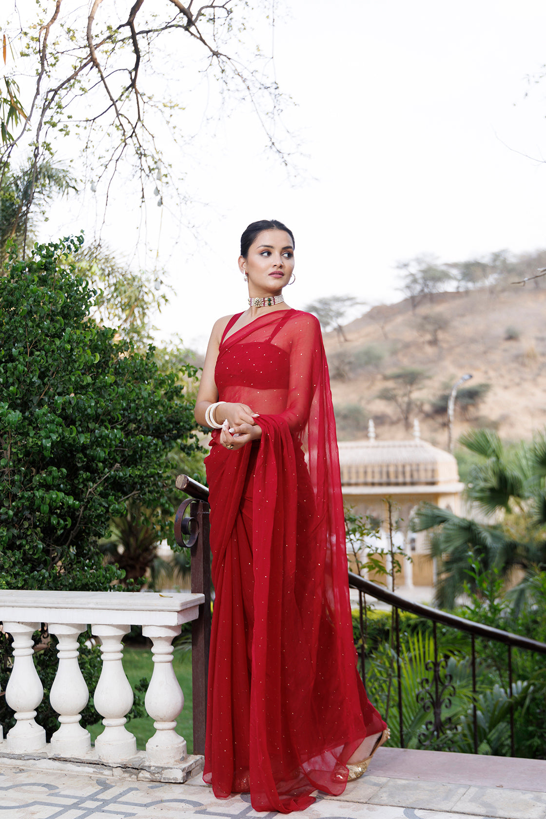 Cherry Red Hand Embroidered Mukaish Chiffon Saree