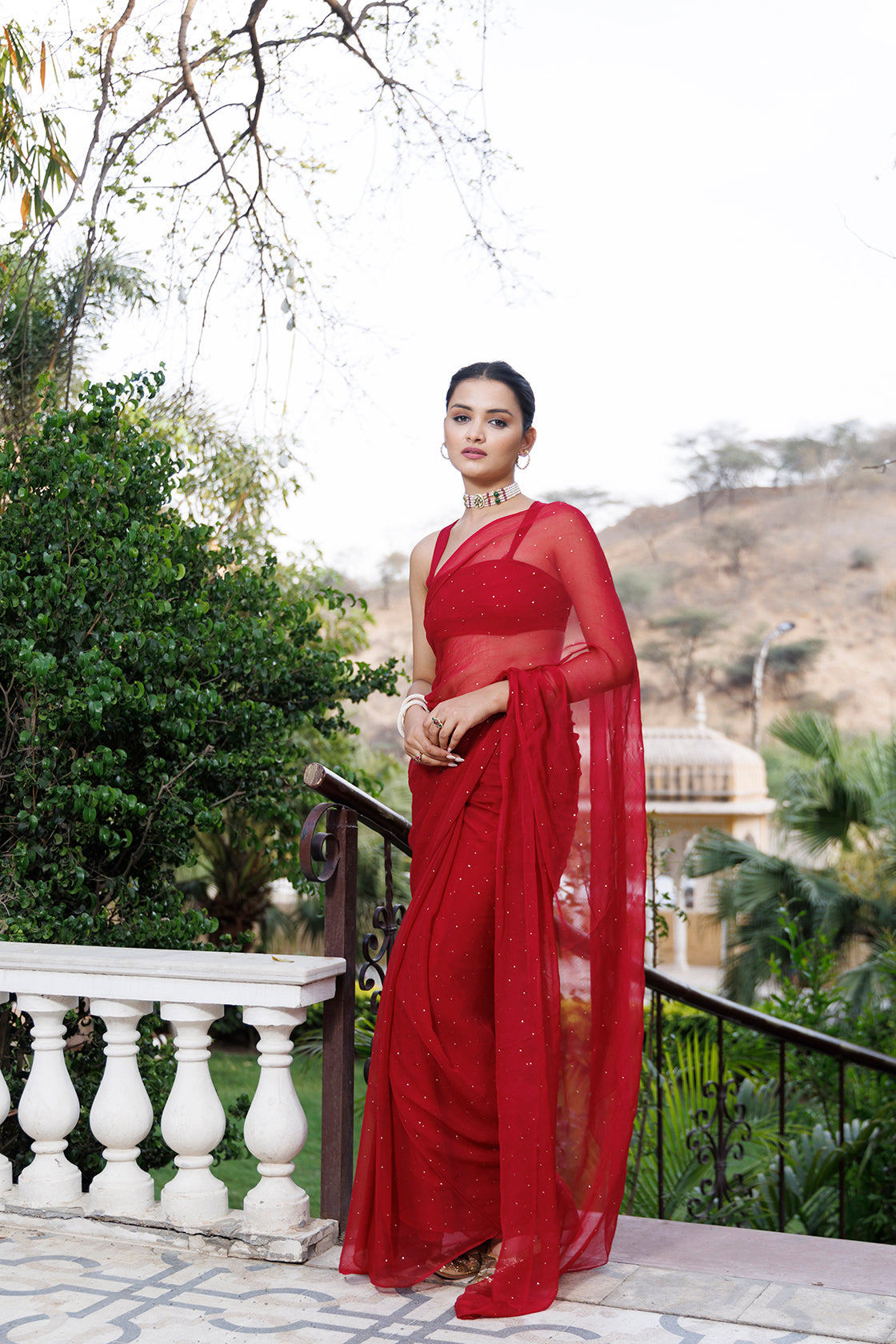 Cherry Red Hand Embroidered Mukaish Chiffon Saree