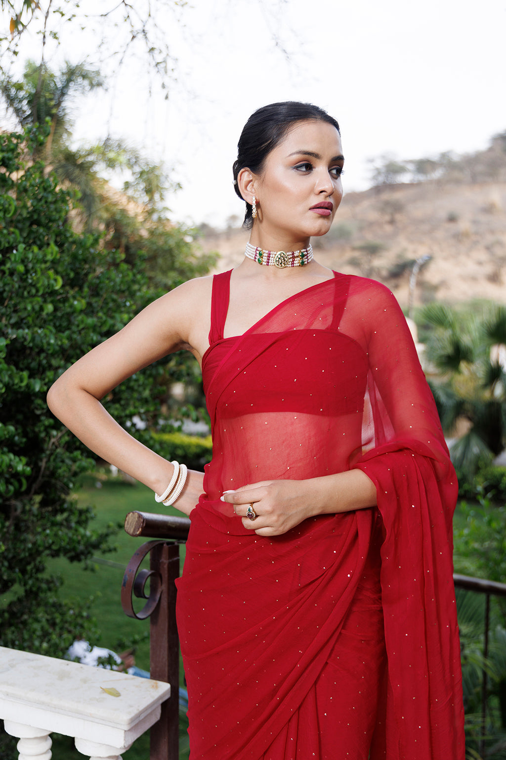 Cherry Red Hand Embroidered Mukaish Chiffon Saree