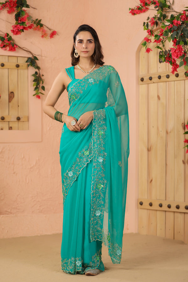 Turquoise Green Hand Embroidered Chiffon Saree