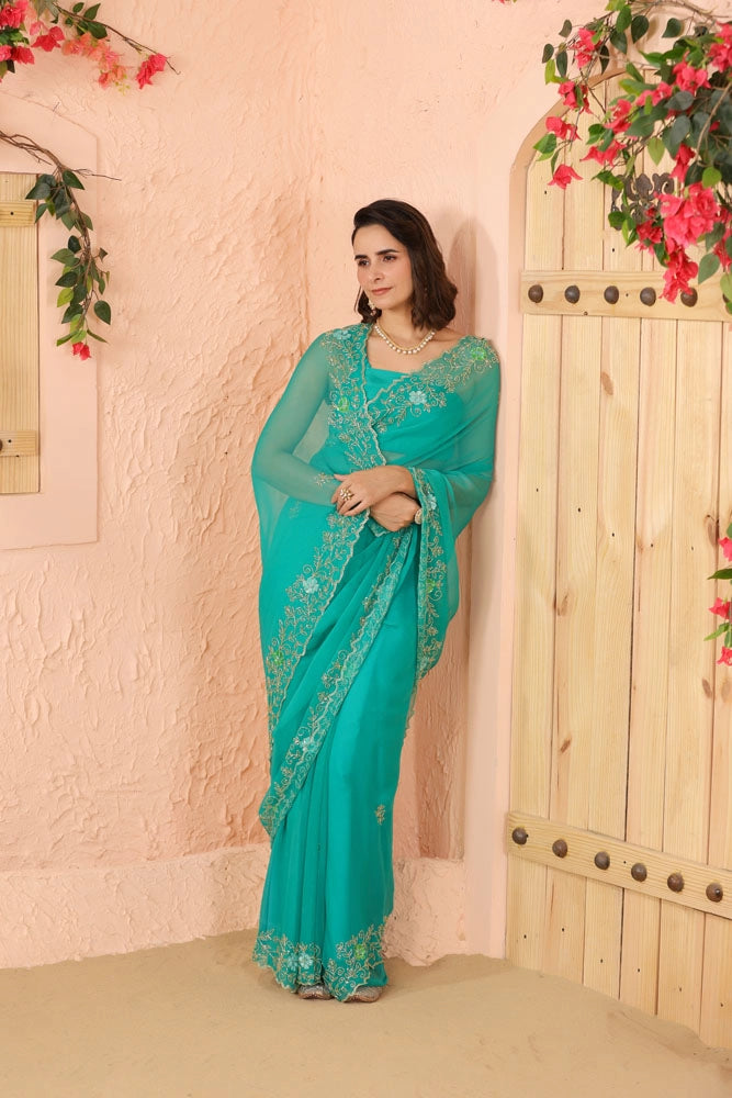 Turquoise Green Hand Embroidered Chiffon Saree