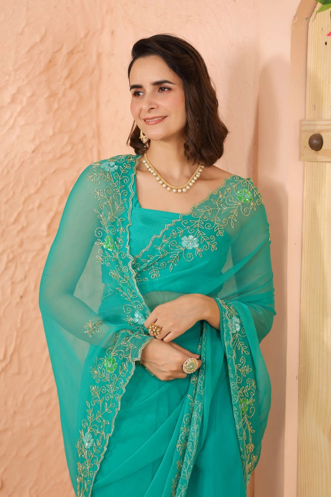 Turquoise Green Hand Embroidered Chiffon Saree
