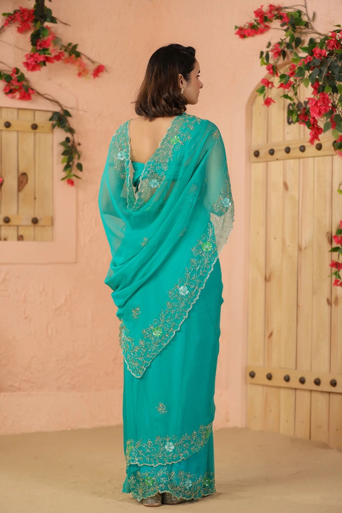 Turquoise Green Hand Embroidered Chiffon Saree