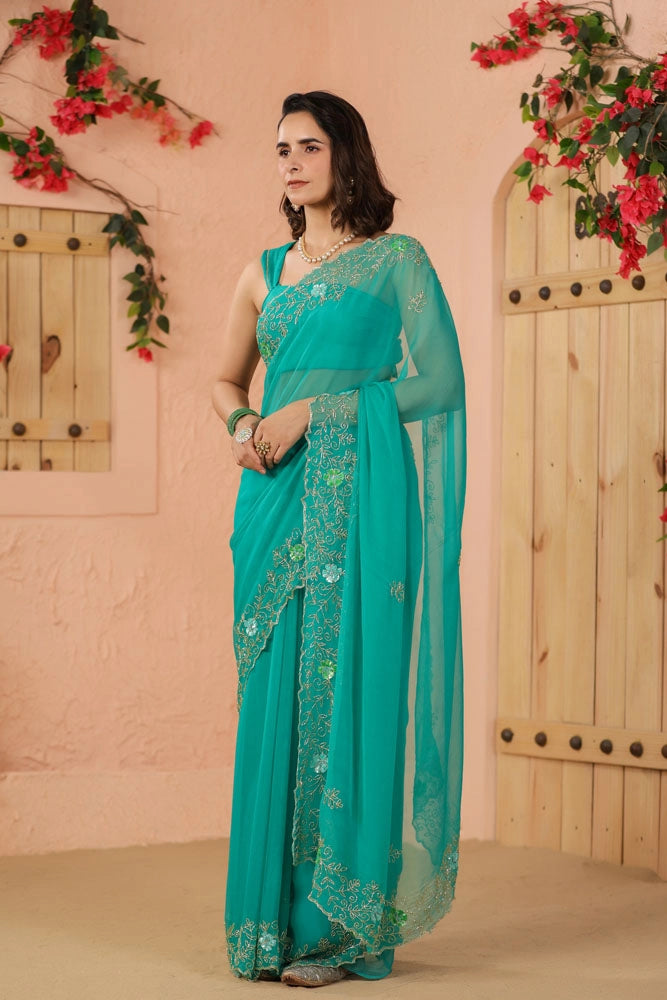 Turquoise Green Hand Embroidered Chiffon Saree