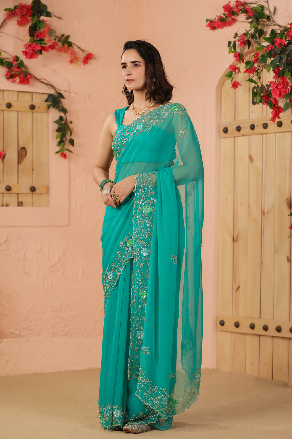 Turquoise Green Hand Embroidered Chiffon Saree
