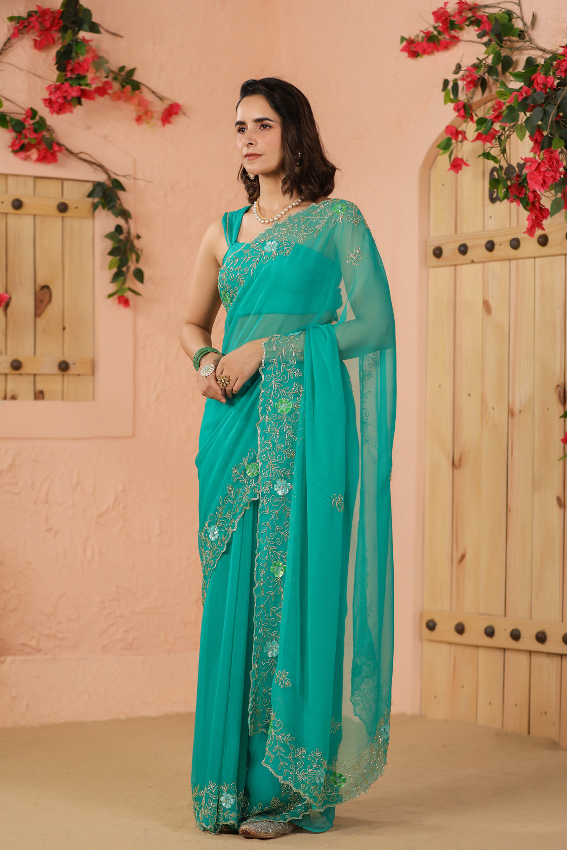 Turquoise Green Hand Embroidered Chiffon Saree
