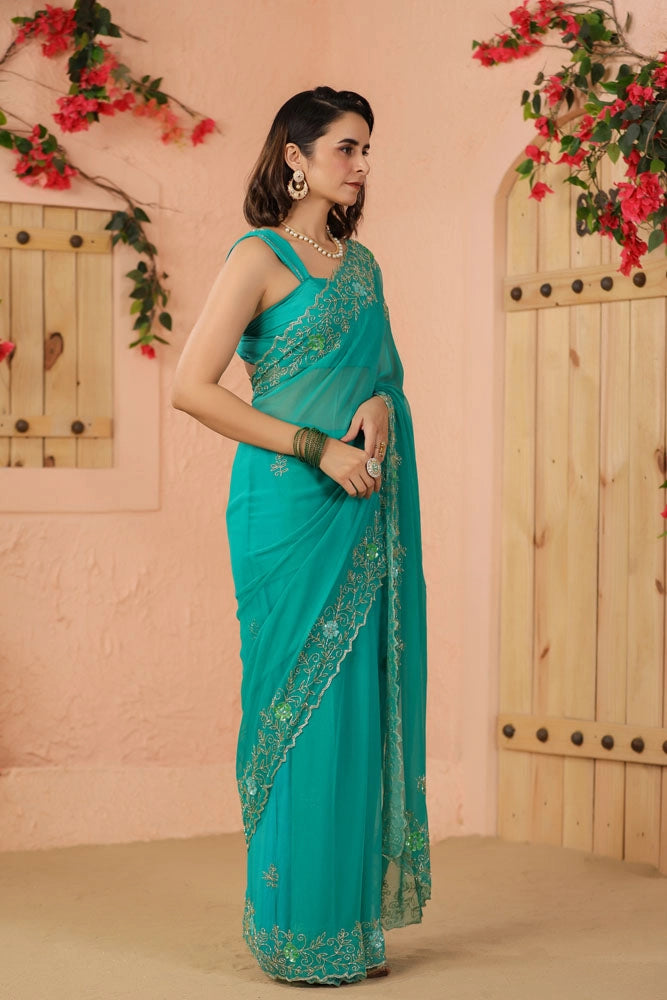 Turquoise Green Hand Embroidered Chiffon Saree