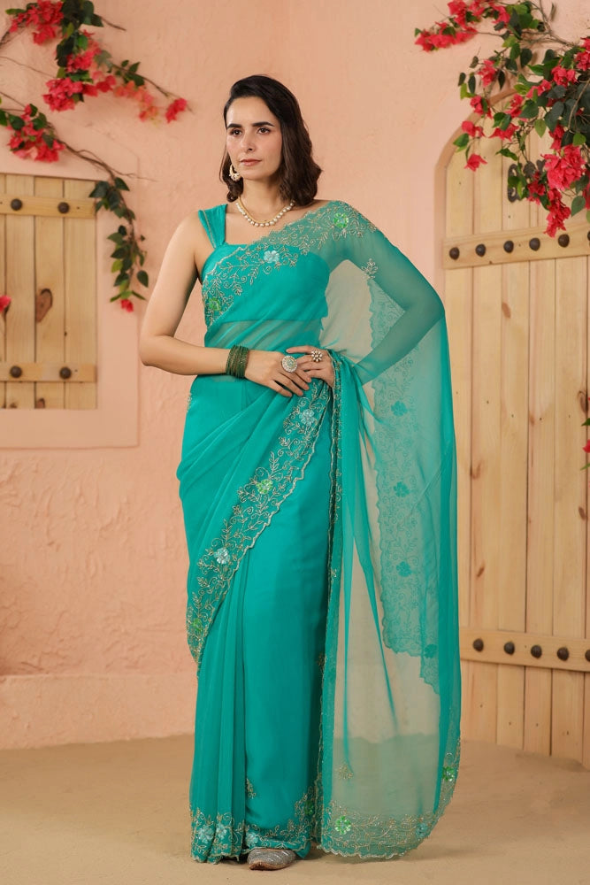 Turquoise Green Hand Embroidered Chiffon Saree