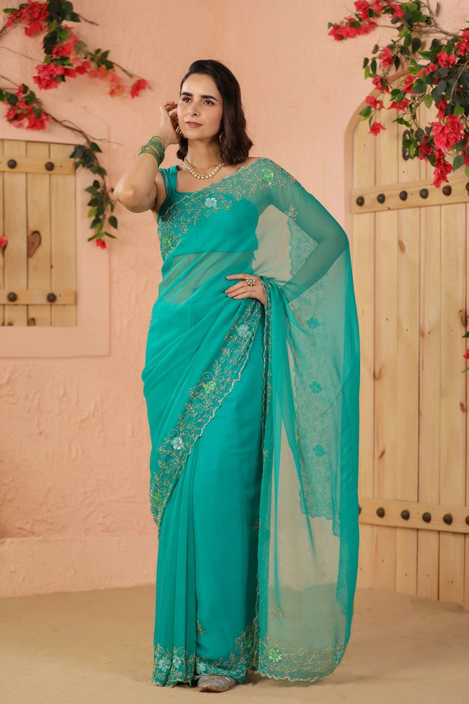 Turquoise Green Hand Embroidered Chiffon Saree