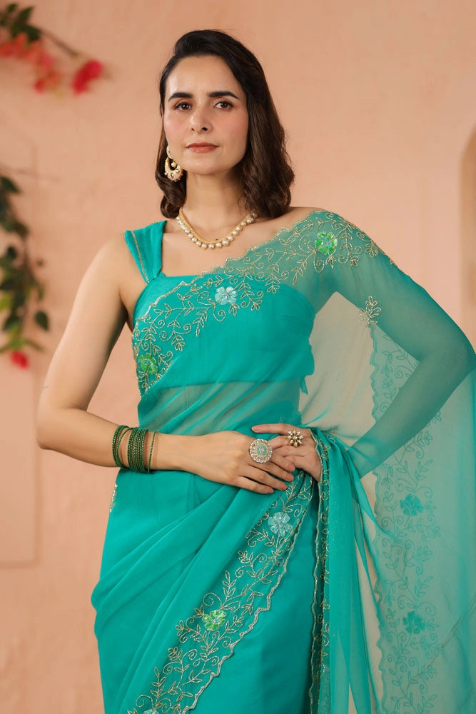 Turquoise Green Hand Embroidered Chiffon Saree