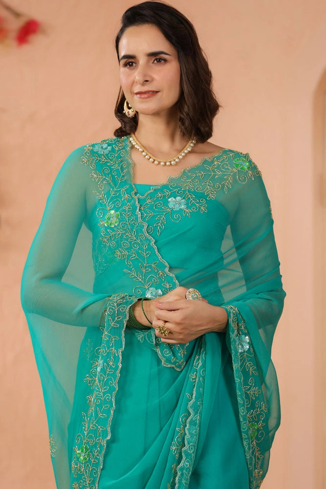 Turquoise Green Hand Embroidered Chiffon Saree