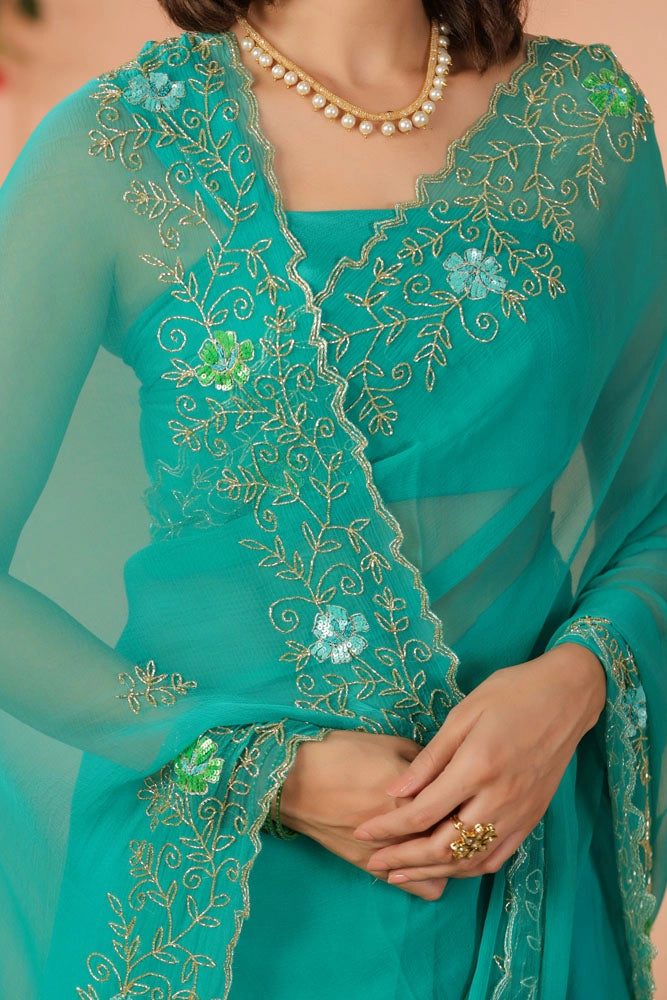 Turquoise Green Hand Embroidered Chiffon Saree
