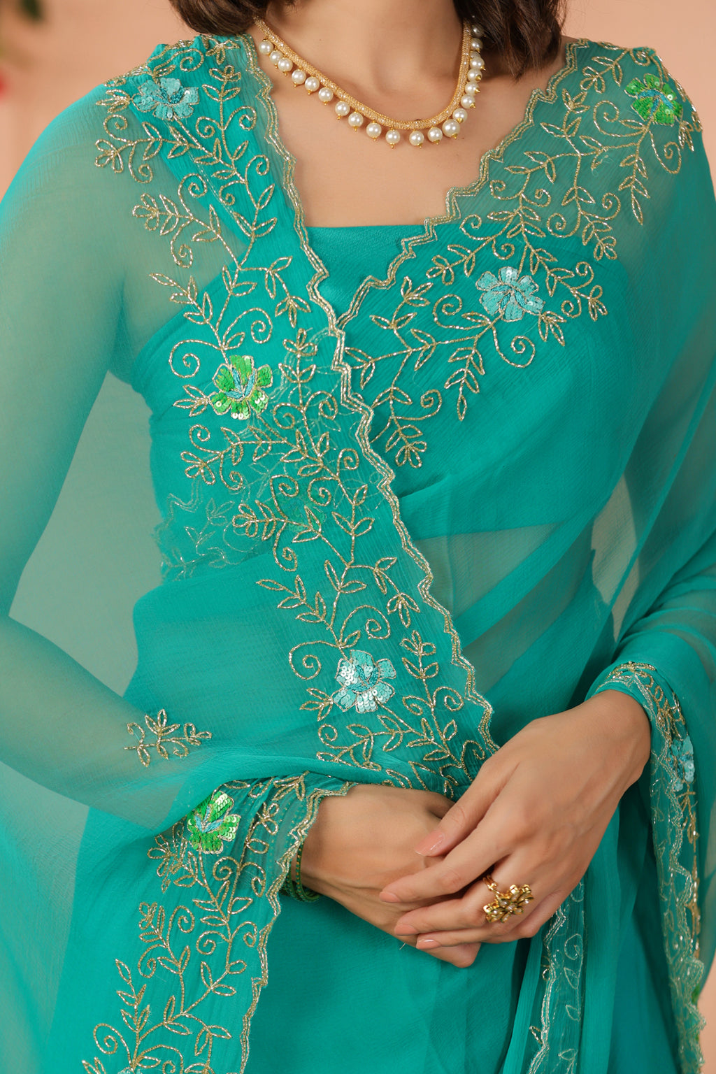 Turquoise Green Hand Embroidered Chiffon Saree