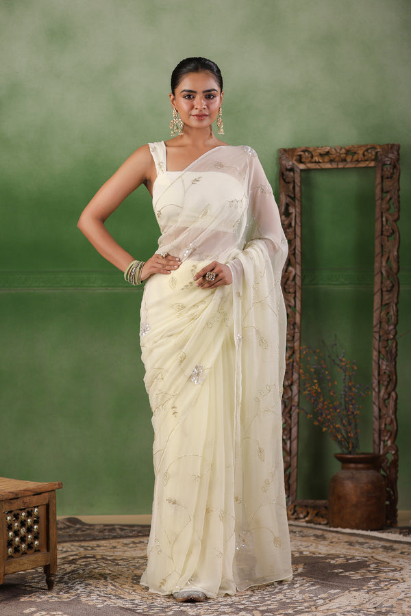 Off White Hand Embroidered Chiffon Saree