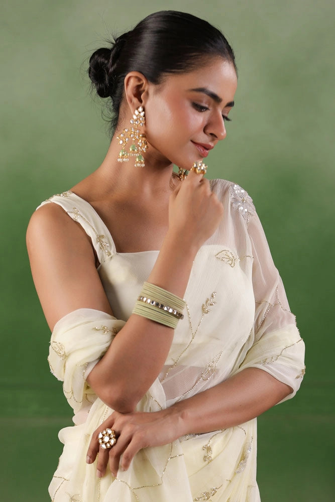 Off White Hand Embroidered Chiffon Saree