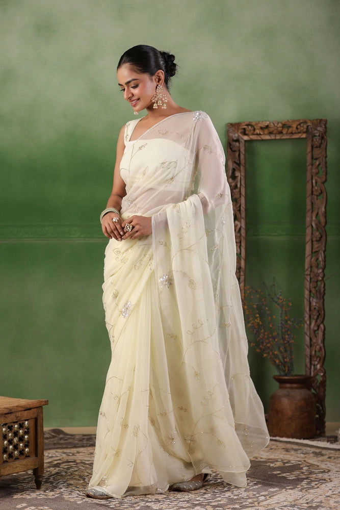 Off White Hand Embroidered Chiffon Saree