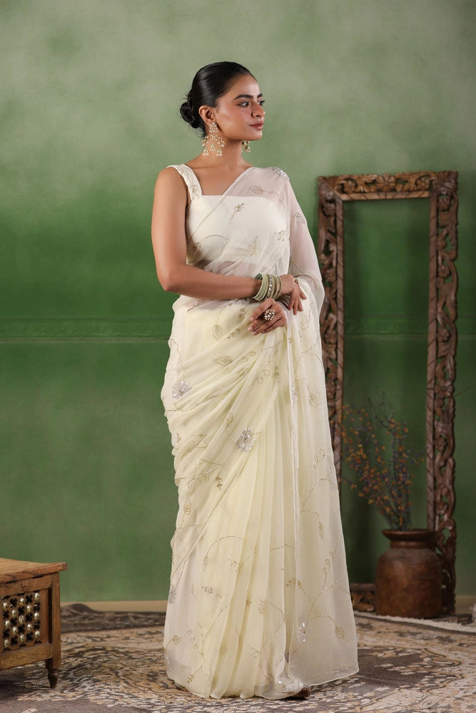 Off White Hand Embroidered Chiffon Saree