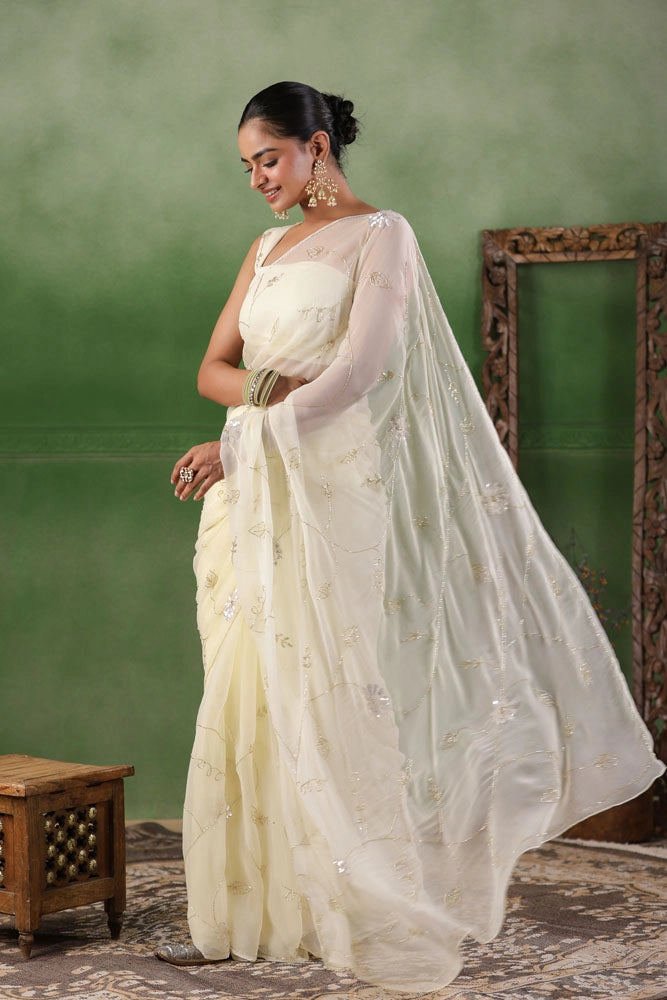 Off White Hand Embroidered Chiffon Saree