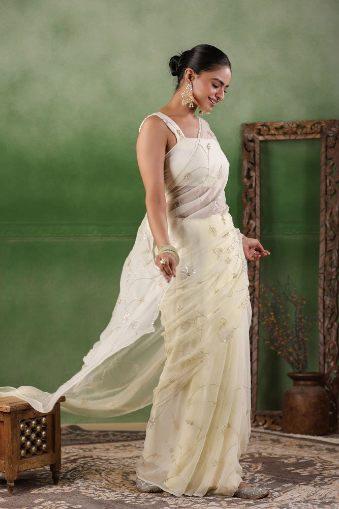 Off White Hand Embroidered Chiffon Saree