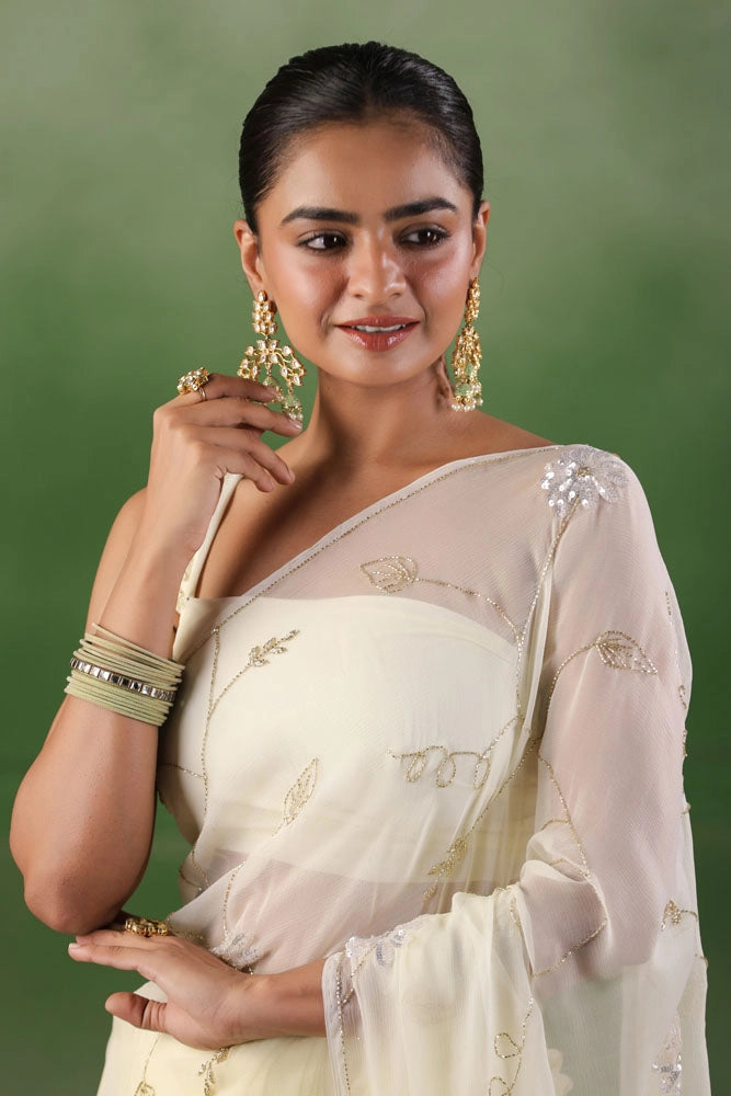 Off White Hand Embroidered Chiffon Saree