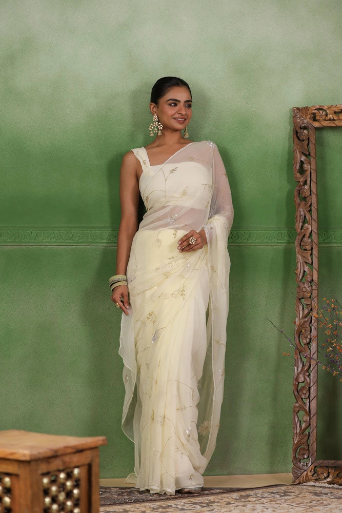 Off White Hand Embroidered Chiffon Saree
