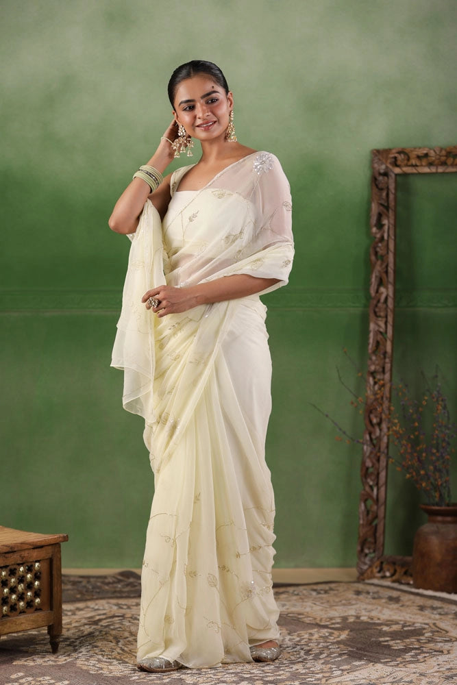Off White Hand Embroidered Chiffon Saree