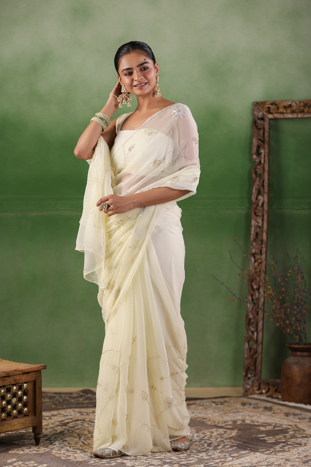 Off White Hand Embroidered Chiffon Saree