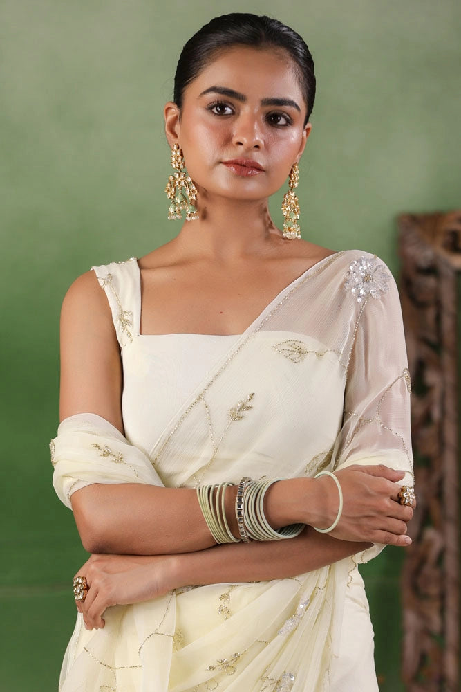 Off White Hand Embroidered Chiffon Saree