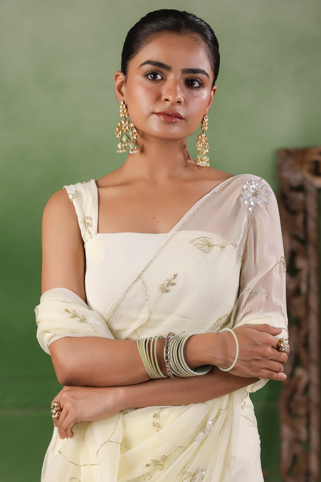 Off White Hand Embroidered Chiffon Saree