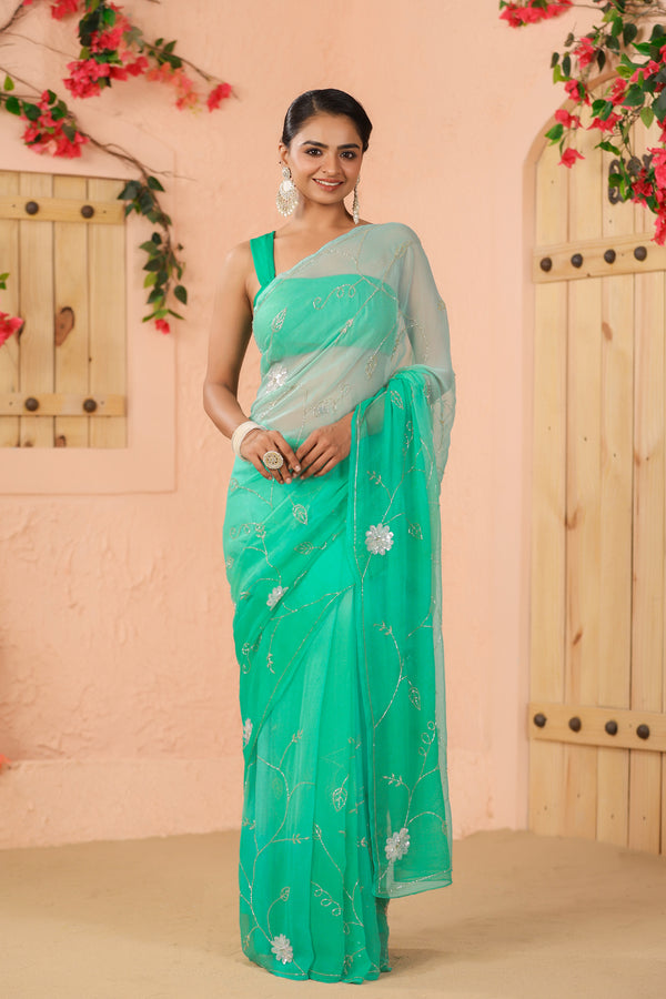 Shaded Turquoise Blue Hand Embroidered Chiffon Saree