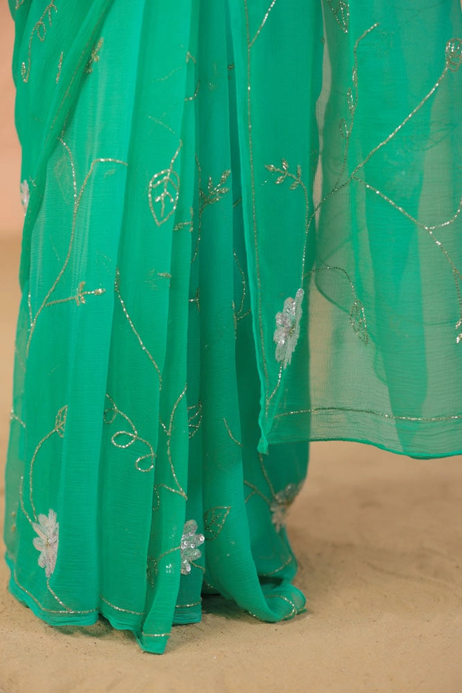 Shaded Turquoise Blue Hand Embroidered Chiffon Saree
