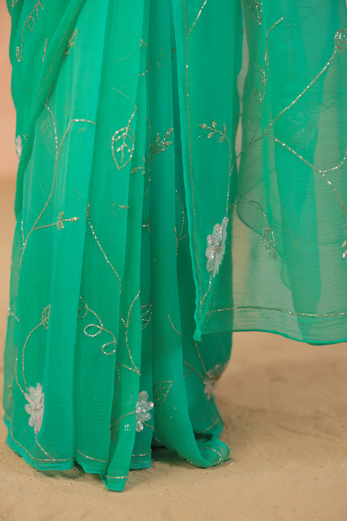 Shaded Turquoise Blue Hand Embroidered Chiffon Saree