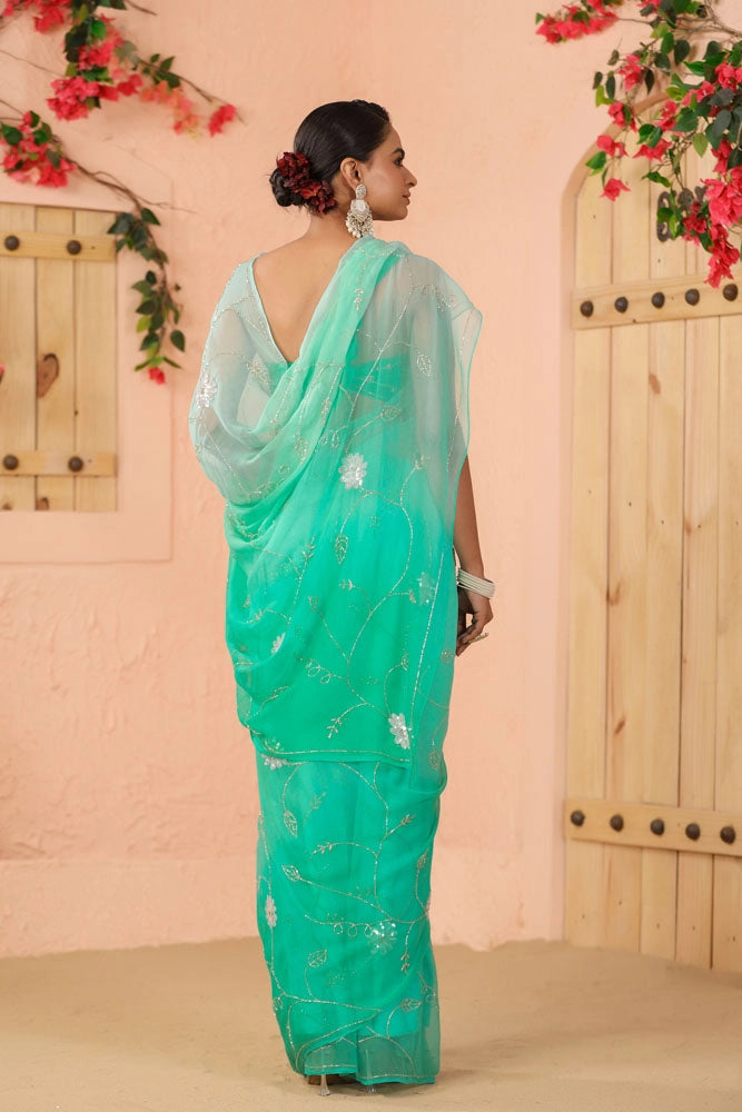 Shaded Turquoise Blue Hand Embroidered Chiffon Saree
