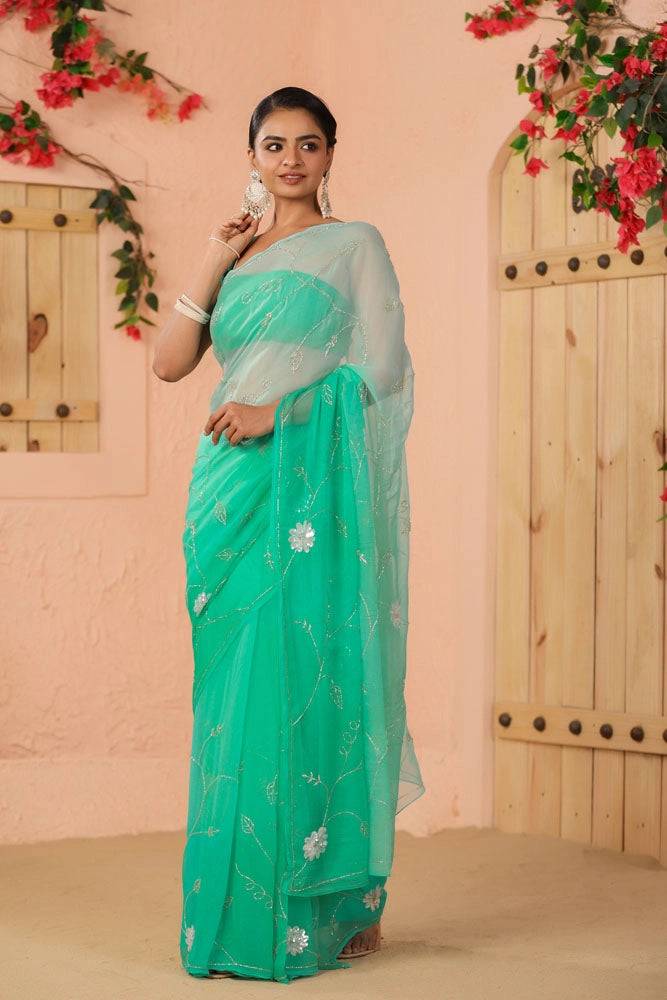 Shaded Turquoise Blue Hand Embroidered Chiffon Saree