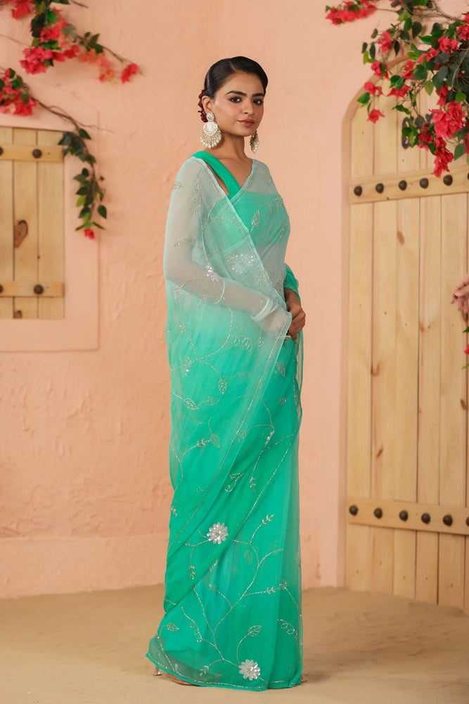 Shaded Turquoise Blue Hand Embroidered Chiffon Saree