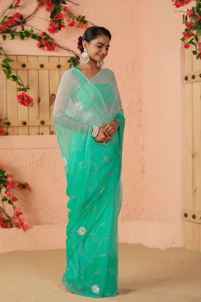 Shaded Turquoise Blue Hand Embroidered Chiffon Saree
