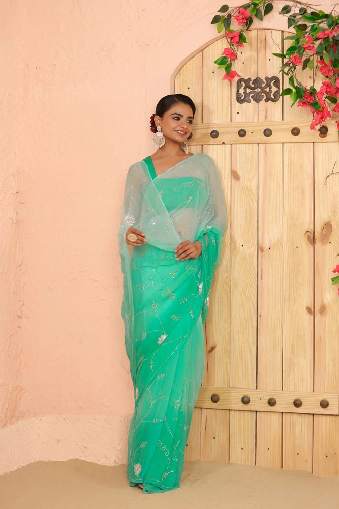 Shaded Turquoise Blue Hand Embroidered Chiffon Saree