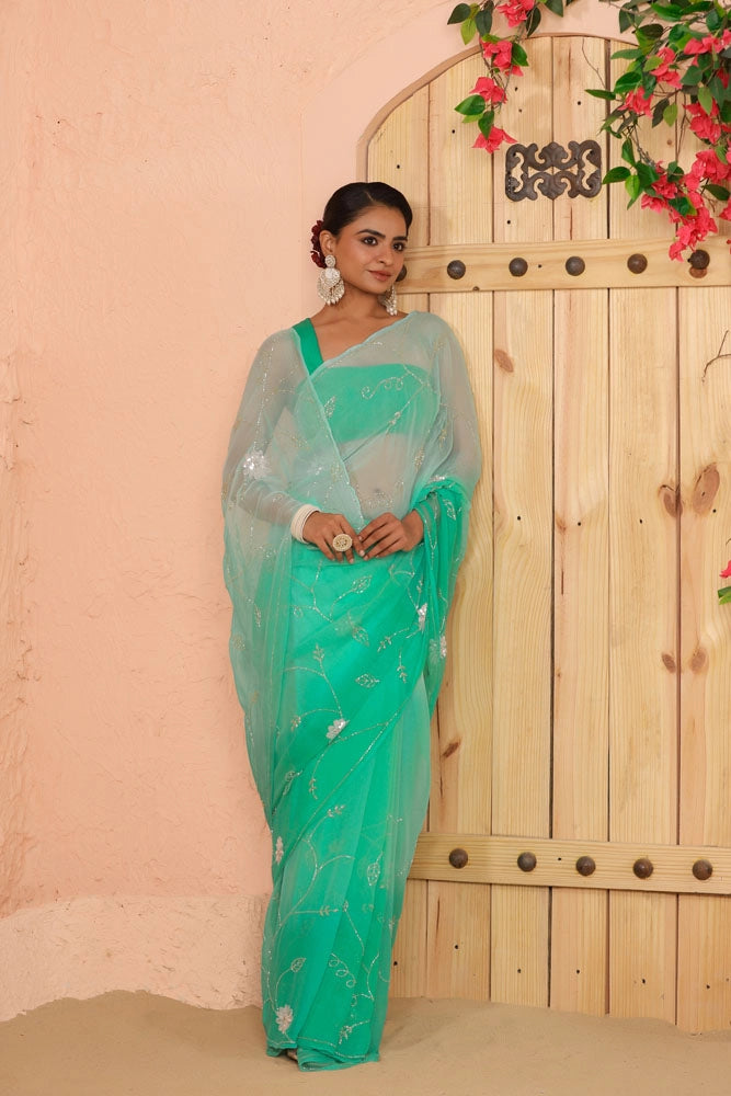 Shaded Turquoise Blue Hand Embroidered Chiffon Saree