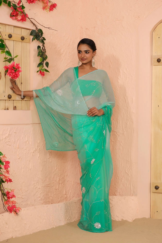Shaded Turquoise Blue Hand Embroidered Chiffon Saree