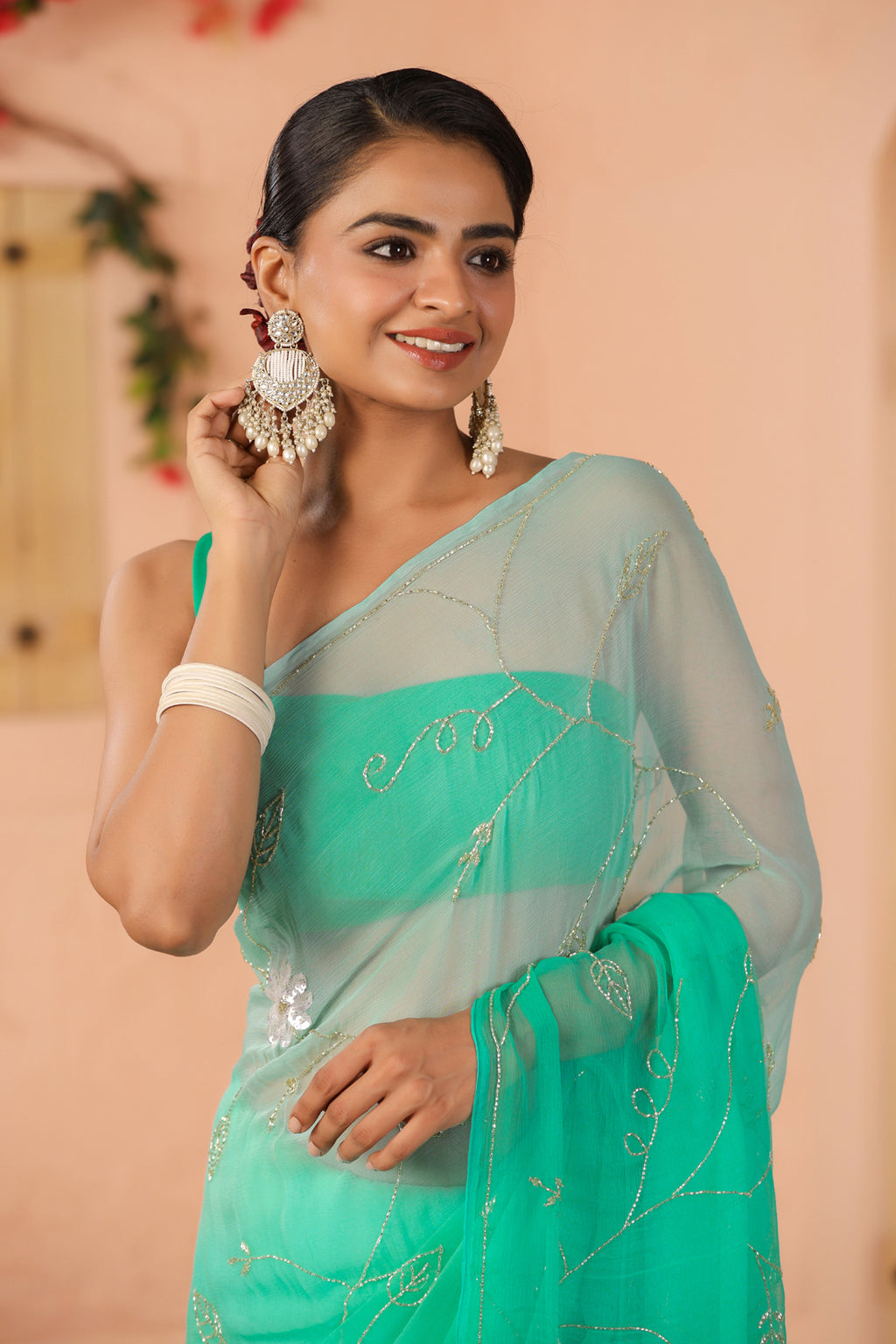 Shaded Turquoise Blue Hand Embroidered Chiffon Saree
