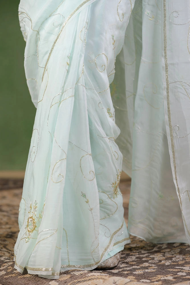 Mint Blue Hand Embroidered Organza Saree